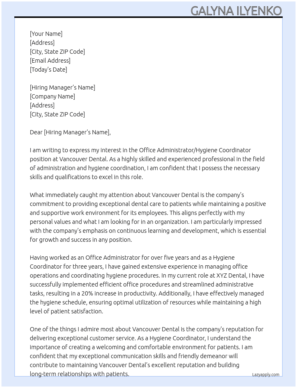 Office Administrator/Hygiene coordinator At Vancouver Dental Cover Letter