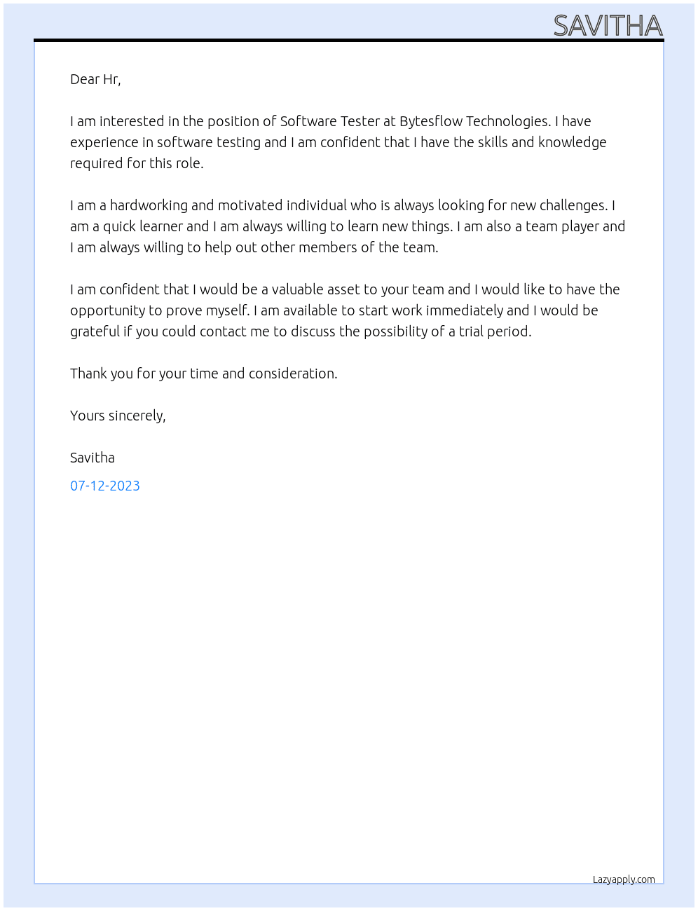 Software Tester  At Bytesflow Texhnologies Cover Letter