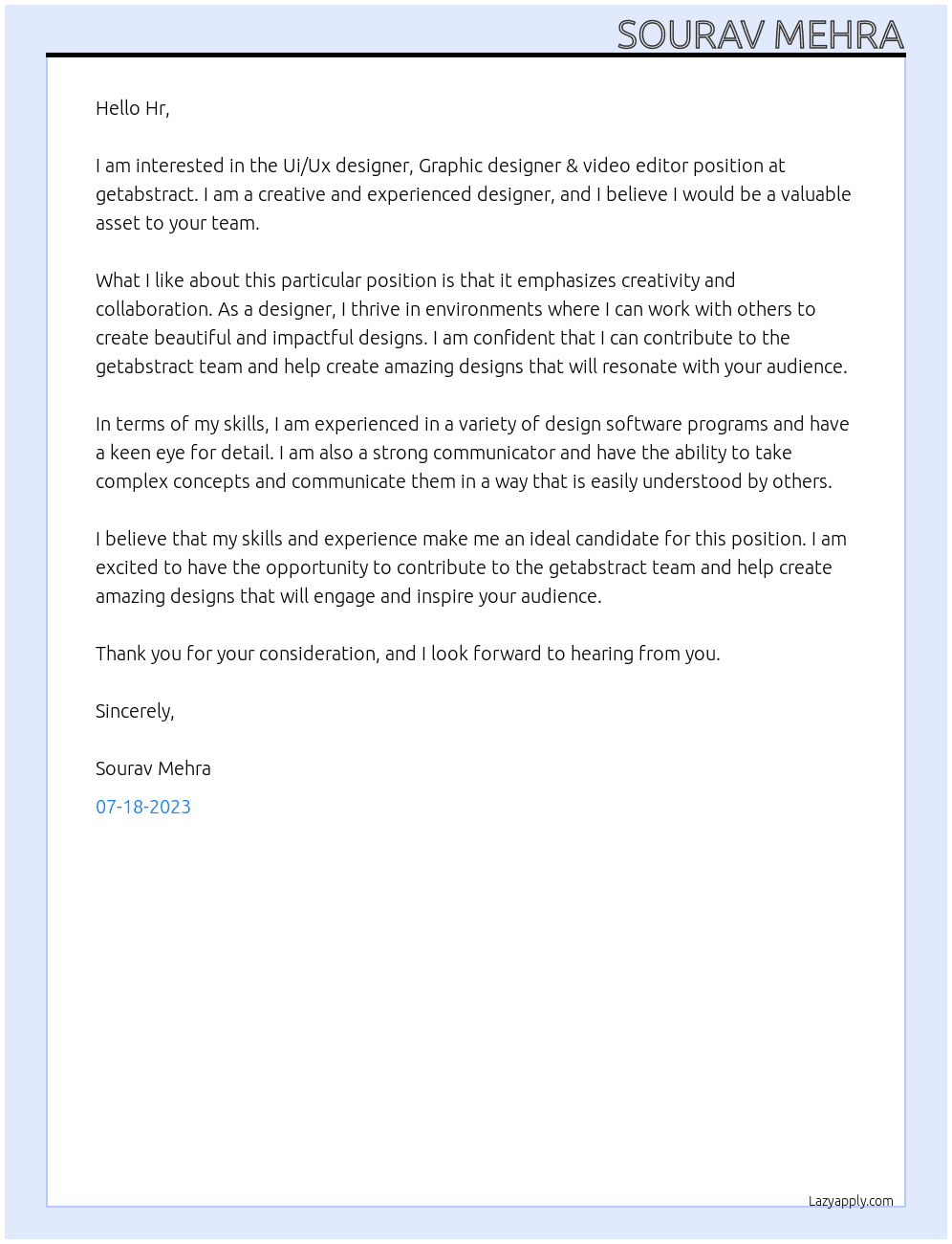 Ui/Ux designer, Graphic designer & video editor At getabstract Cover Letter