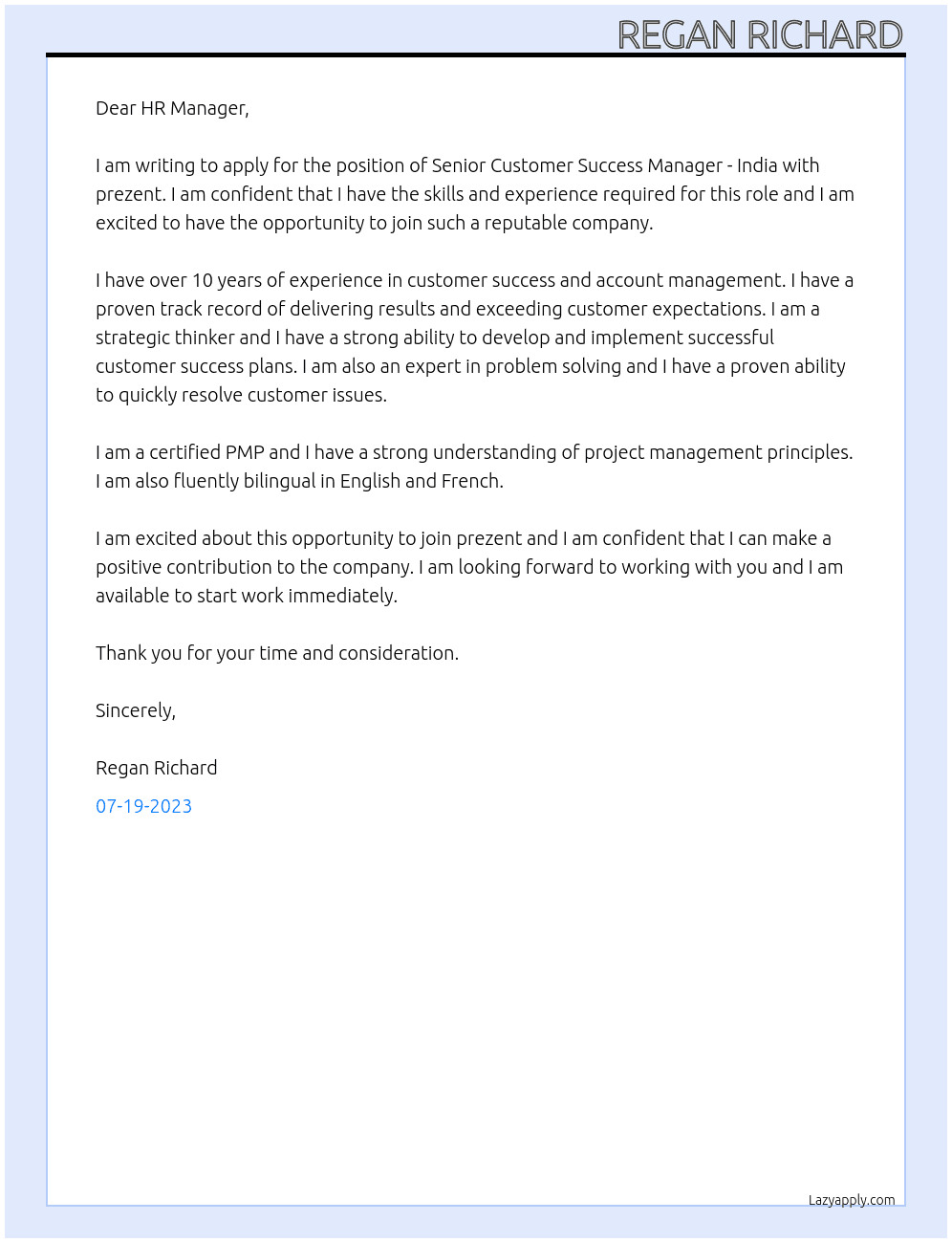 Senior Customer Success Manager - India At prezent Cover Letter