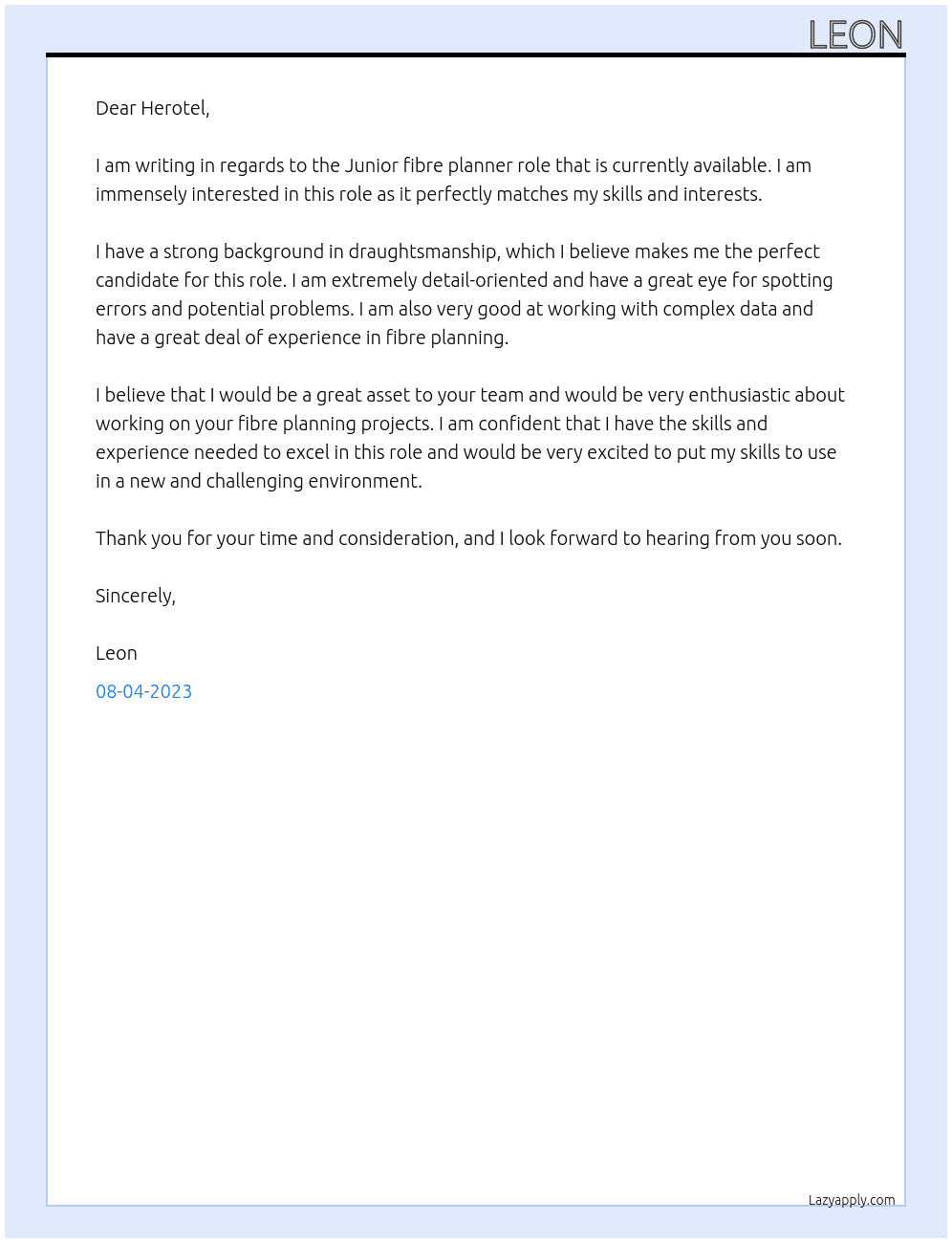 Junior fibre planner  At Herotel Cover Letter