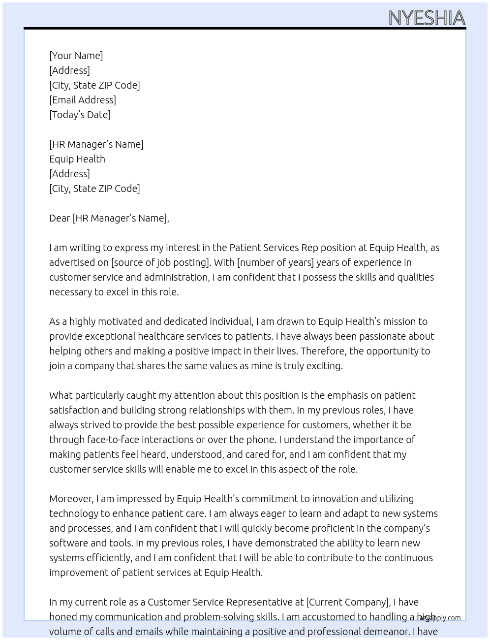Patient services Rep At Equip health Cover Letter