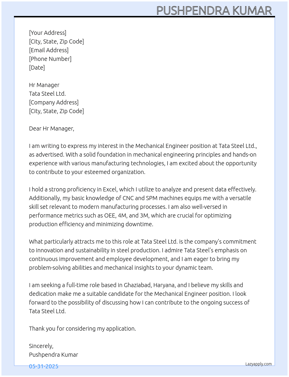 Mechanical Engineer At Tata Steel Ltd. Cover Letter