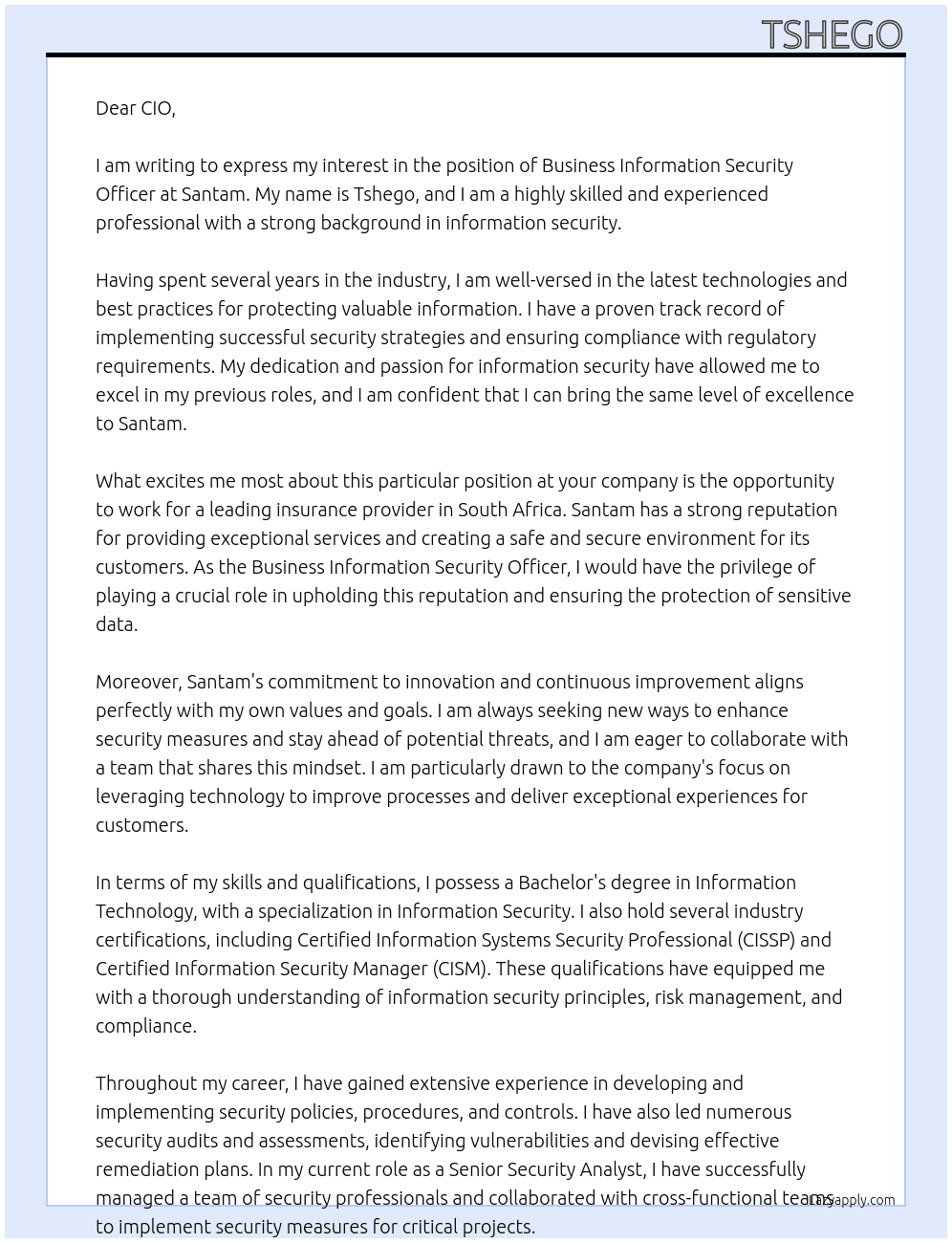 Business Information Security Officer At Santam Cover Letter