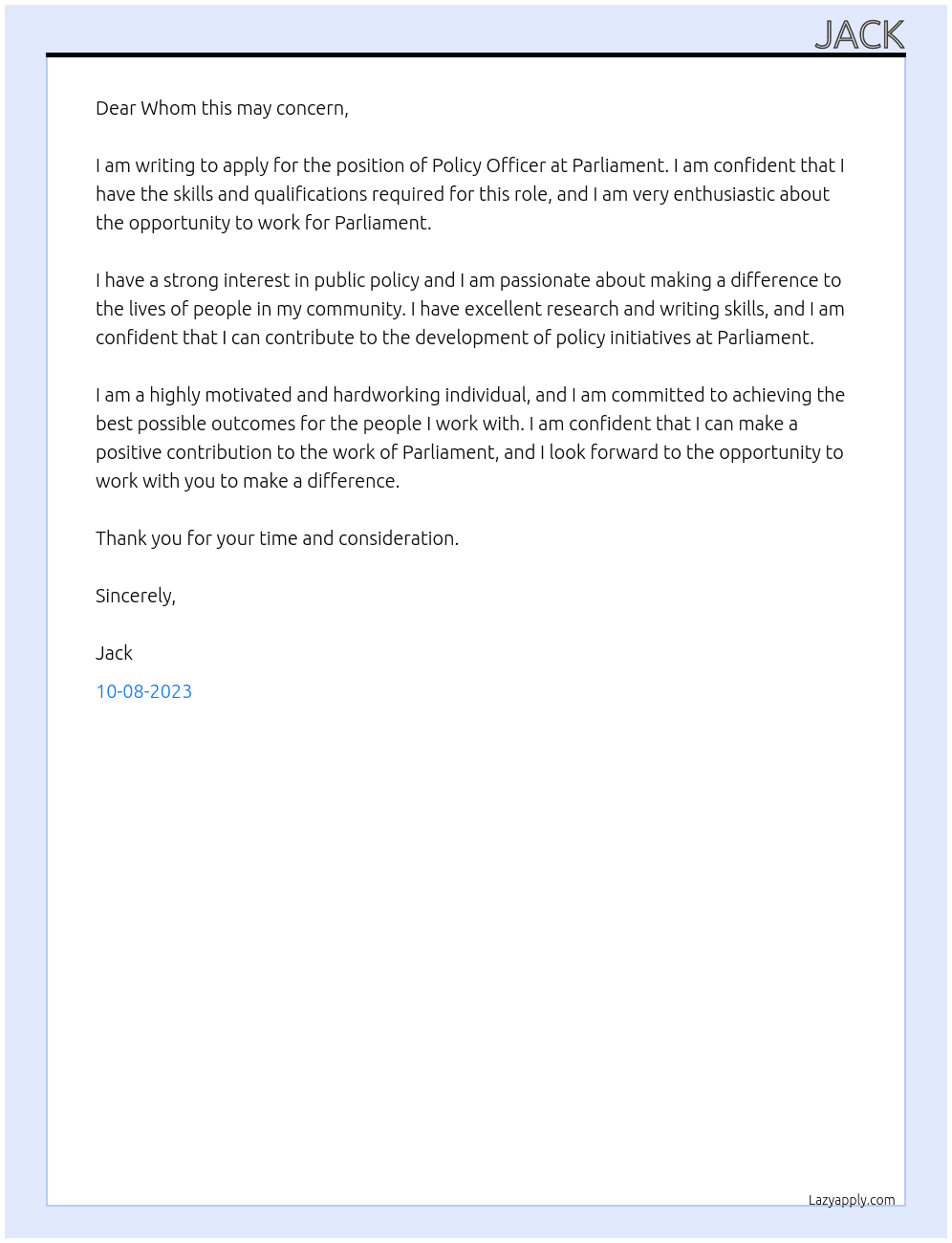 Policy officer At Parliament Cover Letter