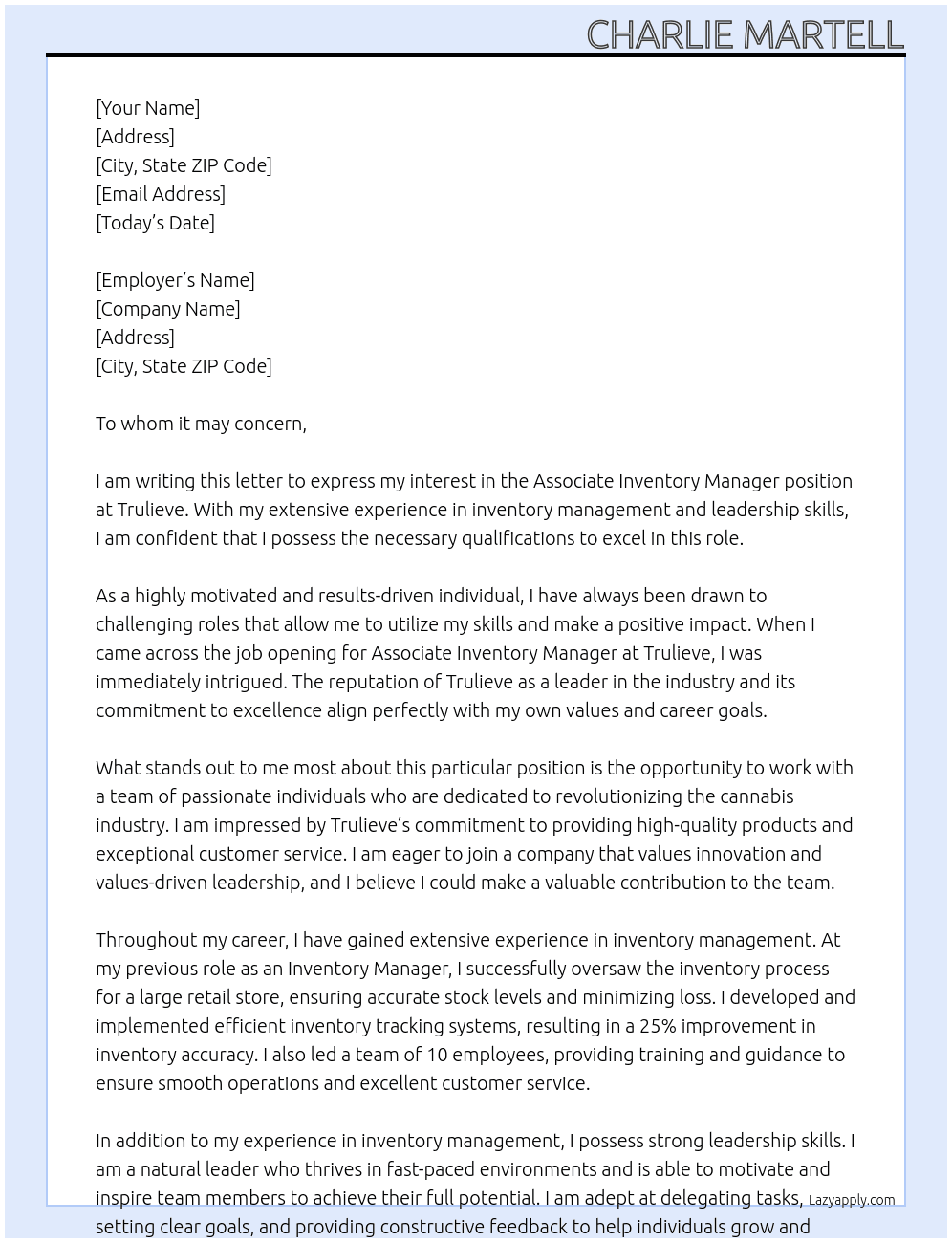 Associate Inventory Manager At Trulieve Cover Letter