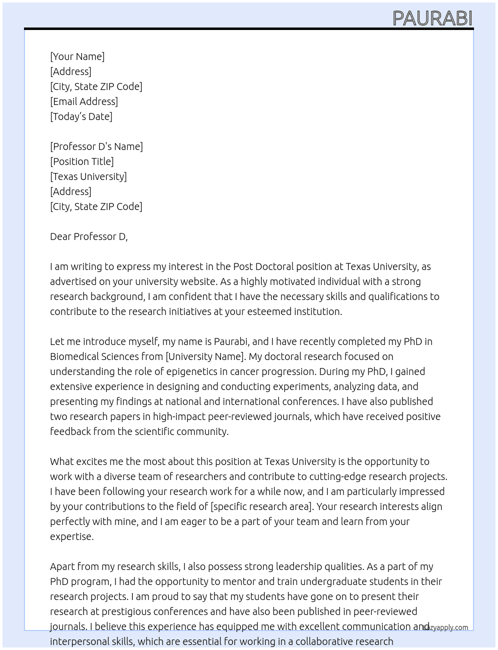 post doctoral At Texus University Cover Letter