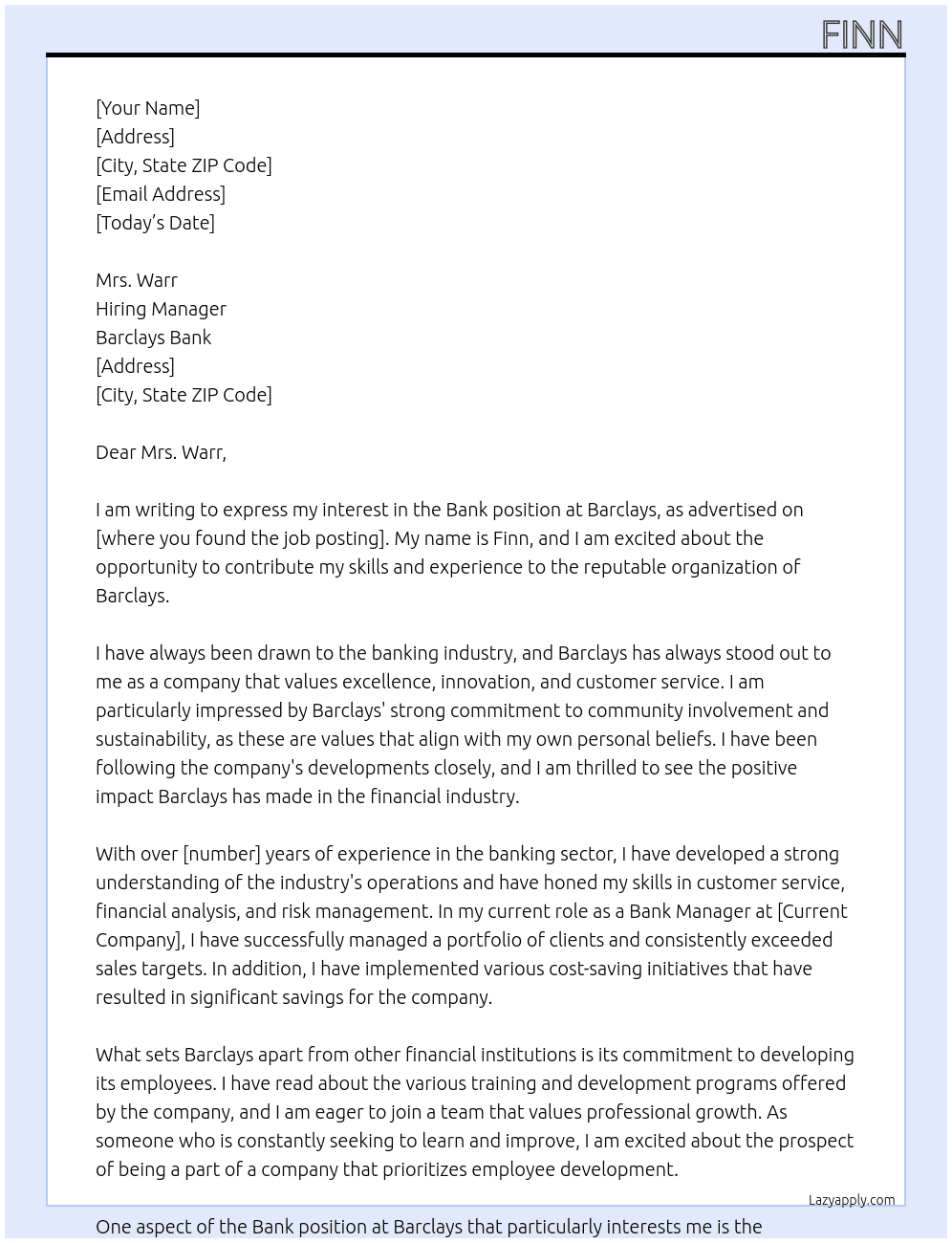 Bank  At Barclays  Cover Letter