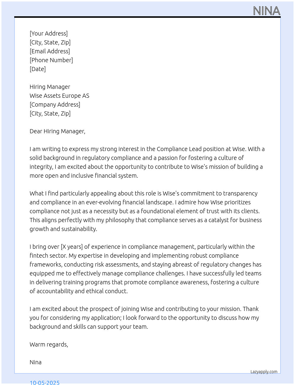 Cover letter for compliance lead - wise assets europe as - LazyApply