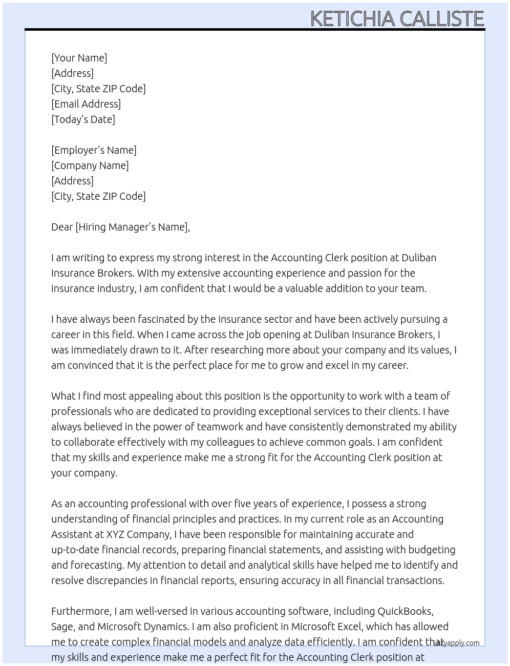 Accounting Clerk At Duliban Insurance Brokers Cover Letter