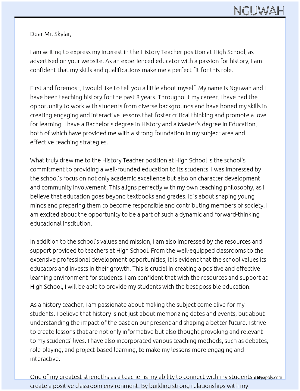History teacher At High School Cover Letter