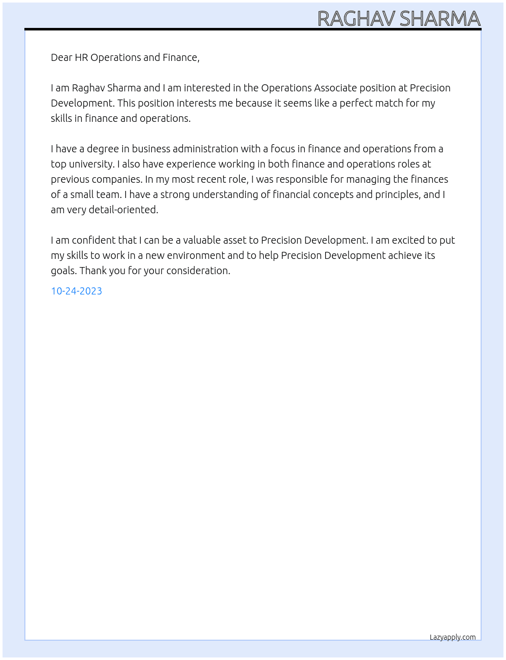 Operations Associate At precision development Cover Letter