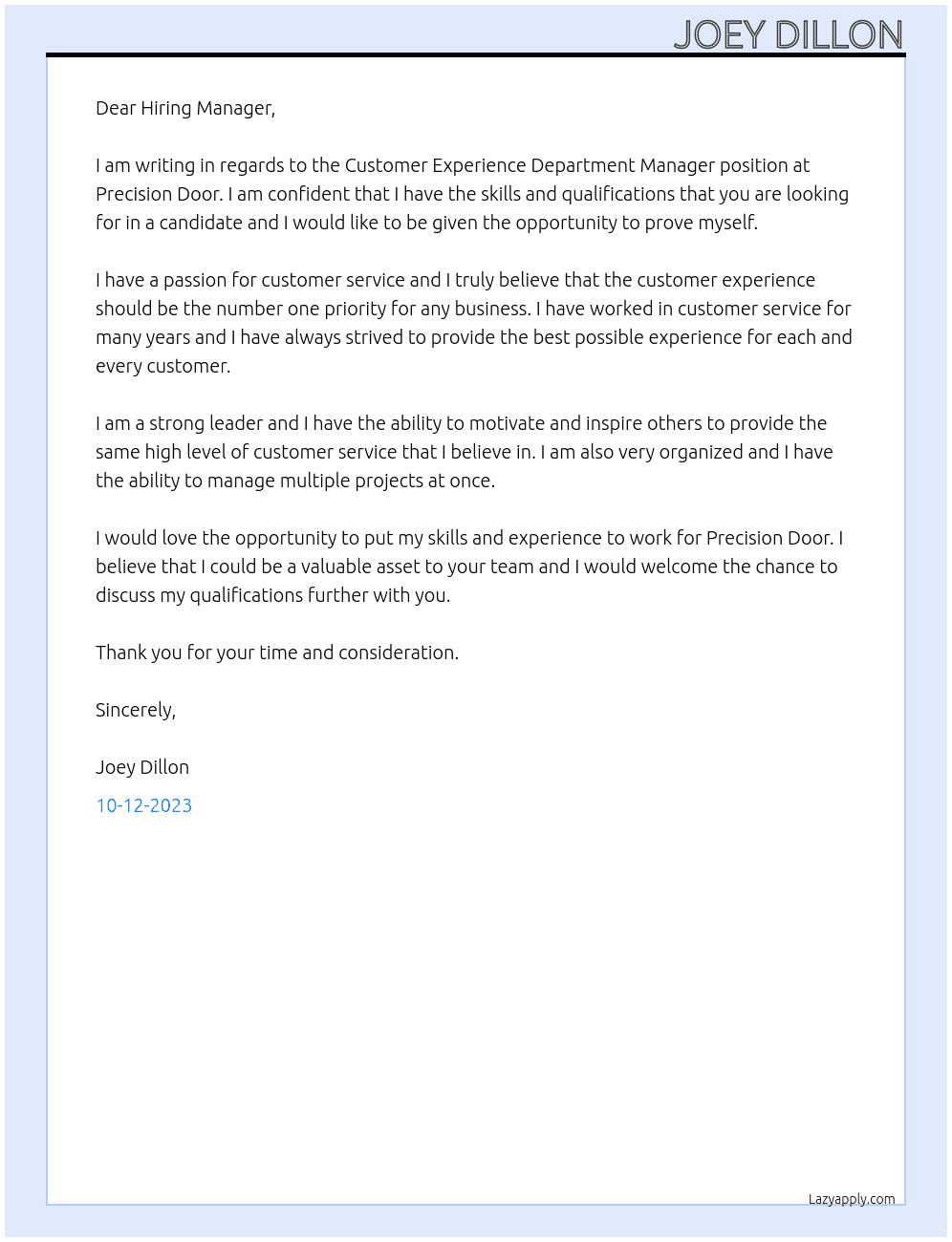 Customer Experience Department Manger At Precision Door Cover Letter