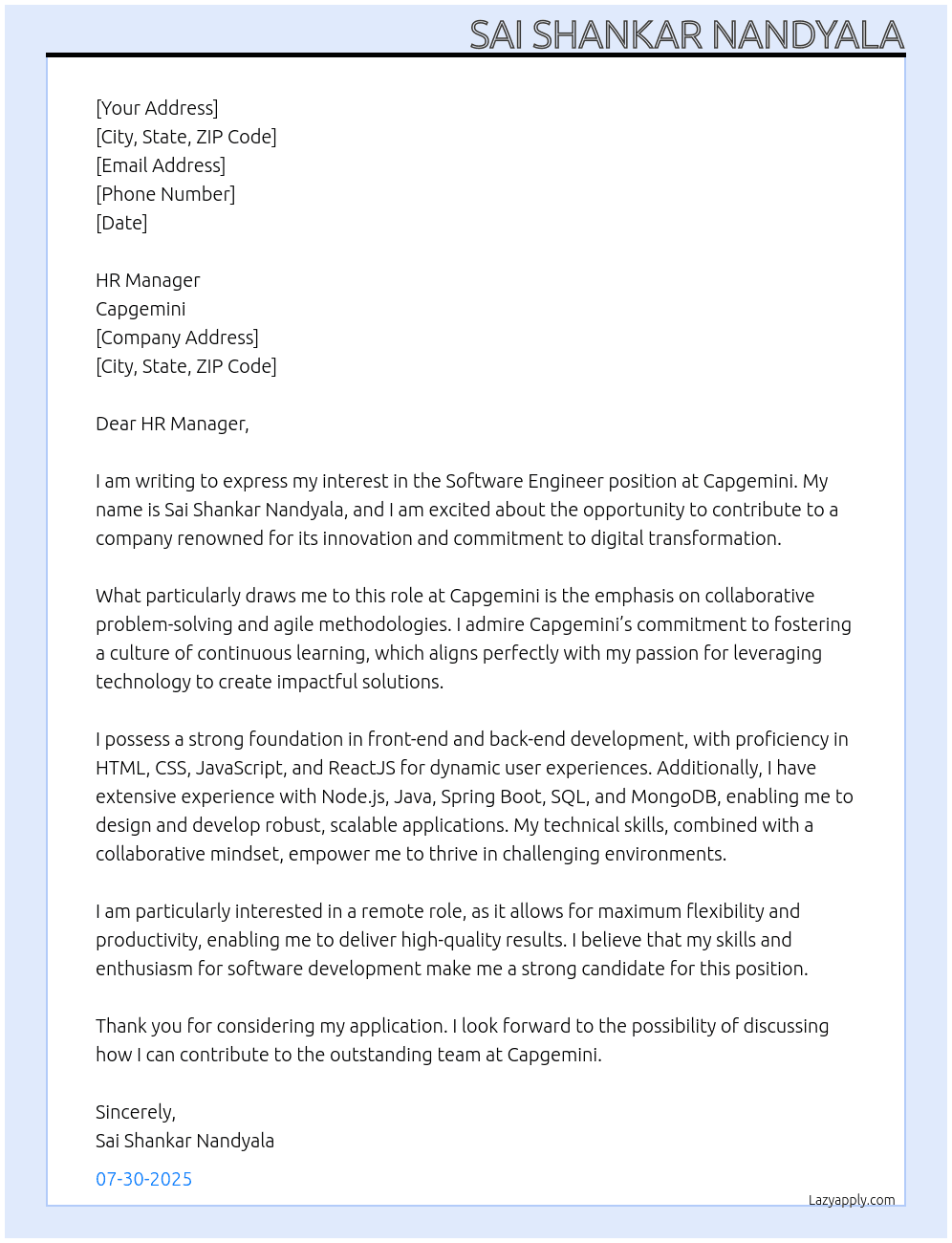 software engineer At cap gemini Cover Letter