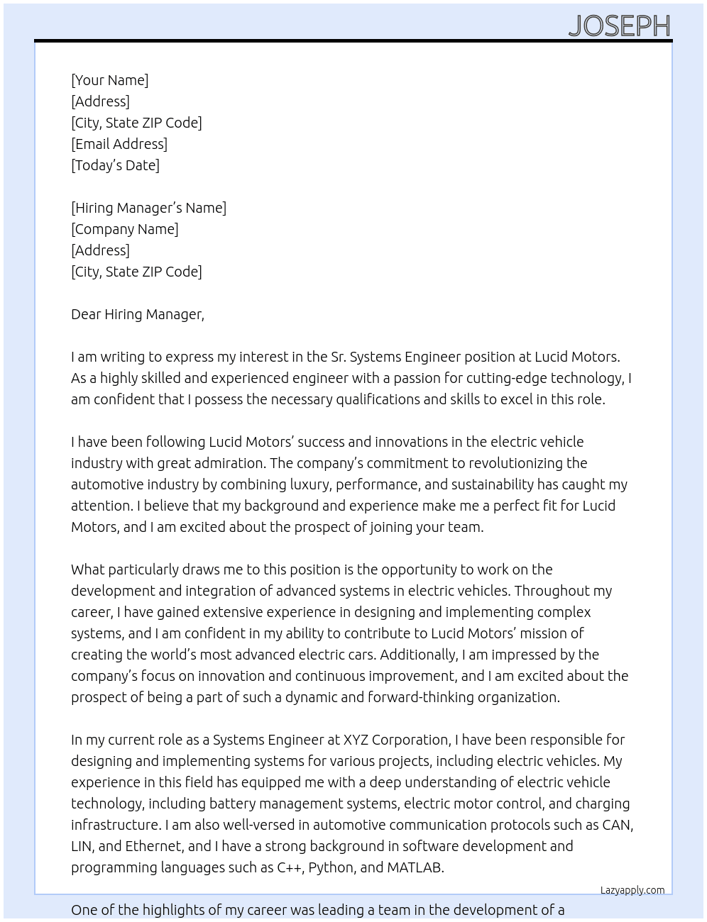 Sr. Systems Engineer At Lucid Motors Cover Letter