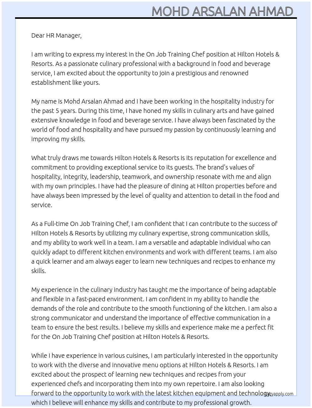 On job training chef  At Hilton Hotels & Resorts Cover Letter