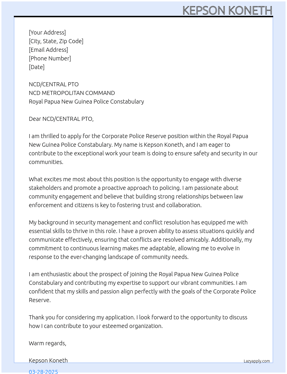 Corporate Police Reserve At Royal Papua New Guinea Police Constabulary Cover Letter