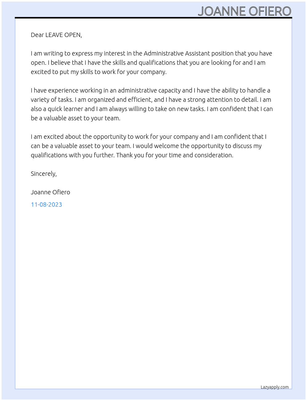 Administrative Assistant  At LEAVE OPEN Cover Letter