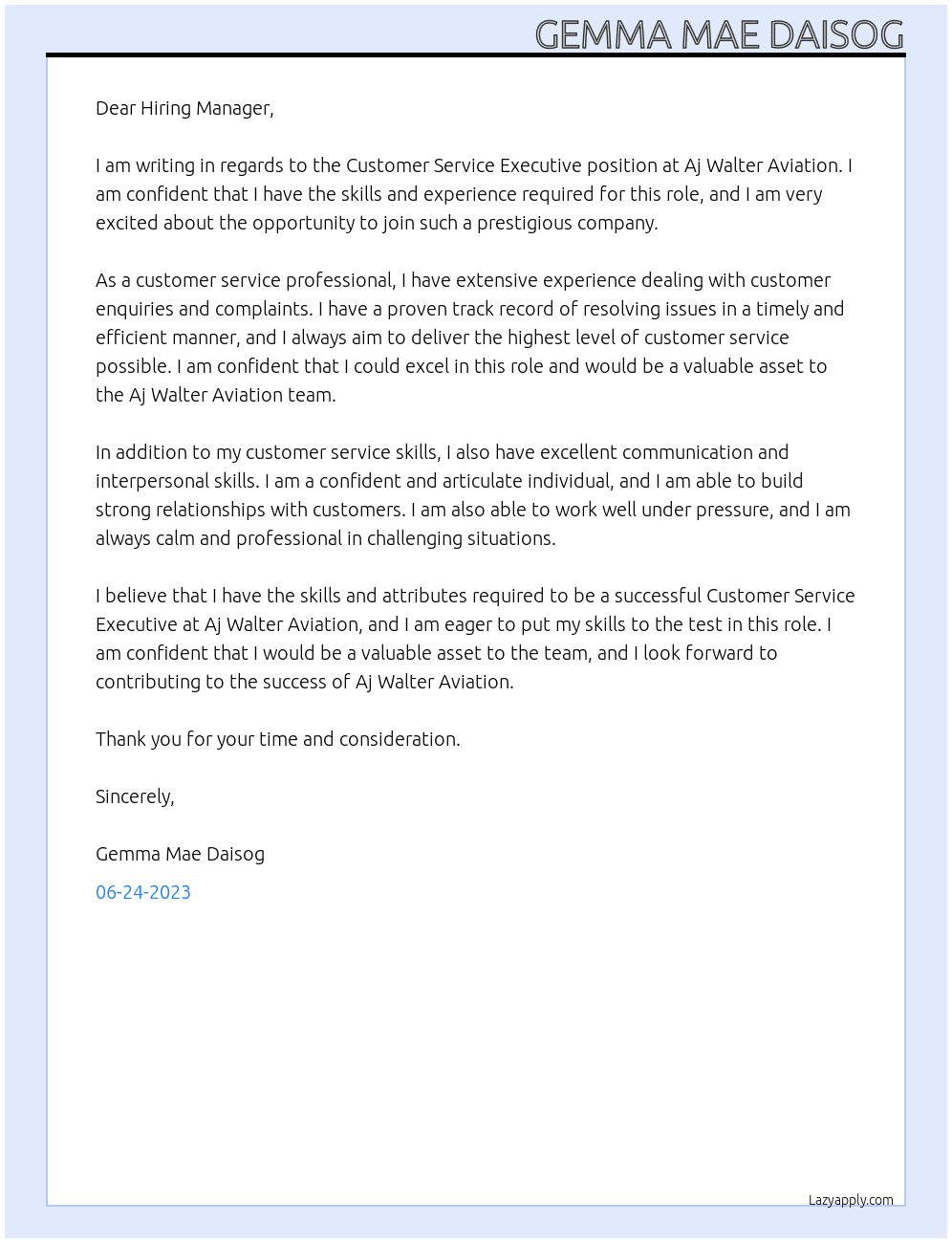 Customer Service Executive At Aj Walter Aviation Cover Letter