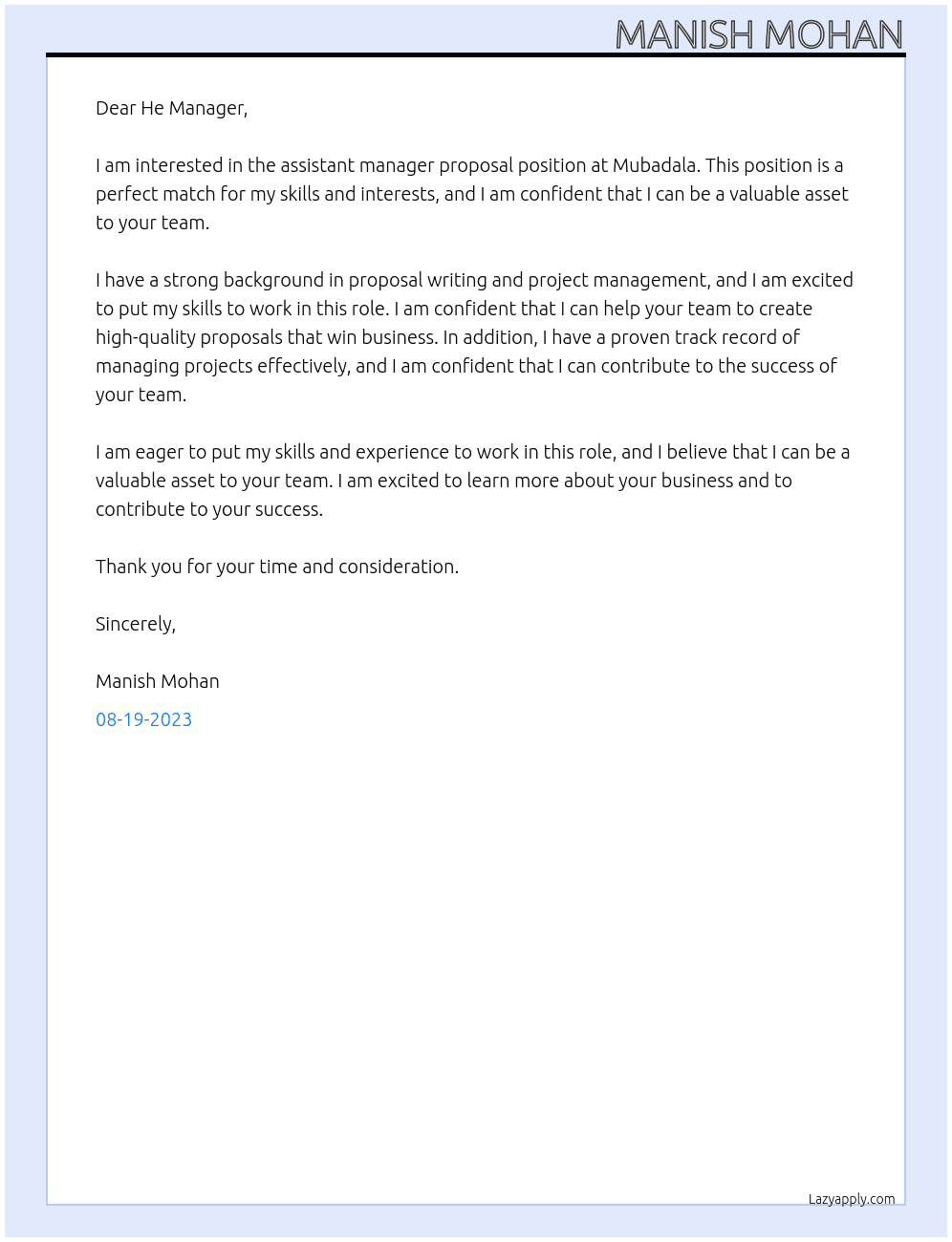 Assistant manager proposal  At Mubadala Cover Letter
