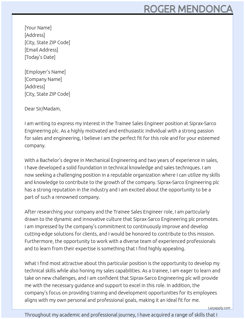 Trainee sales engineer At Siprax-Sarco Engineering plc Cover Letter