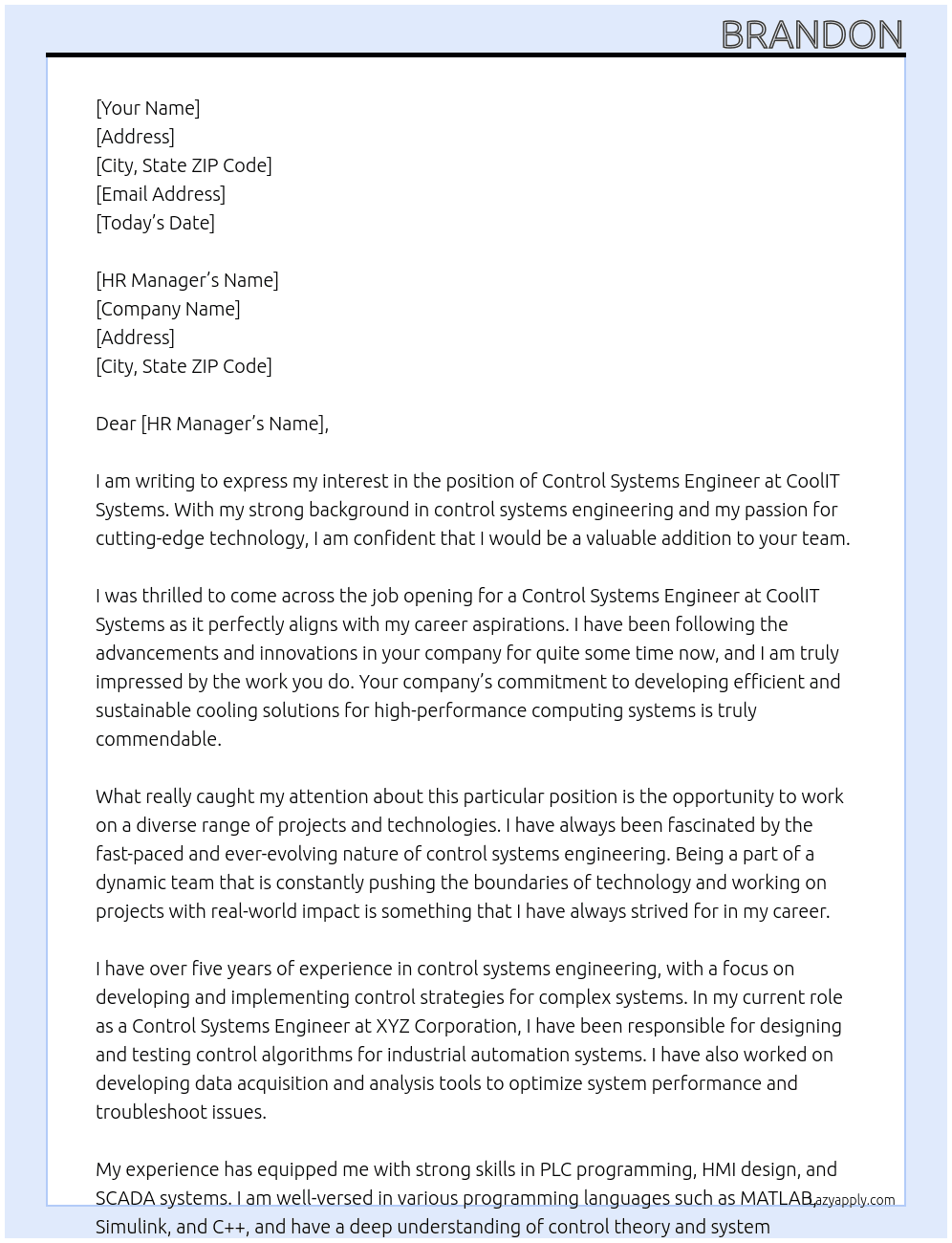 Control Systems Engineer At CoolIT Systems Cover Letter