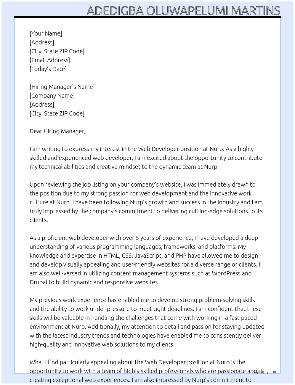Web developer At Nurp Cover Letter