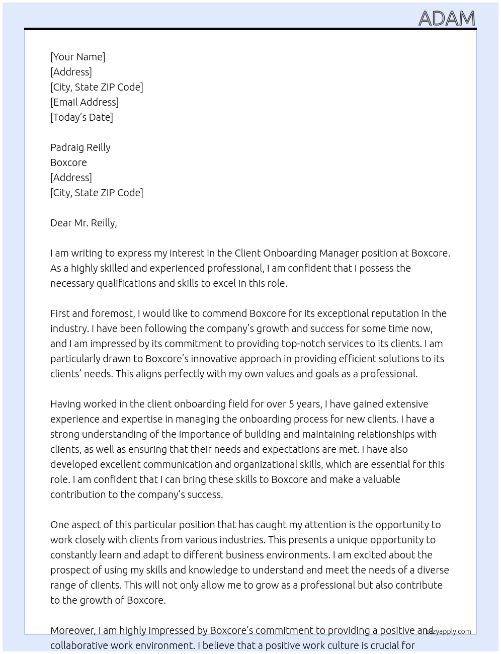 Client Onboarding Manager At Boxcore Cover Letter