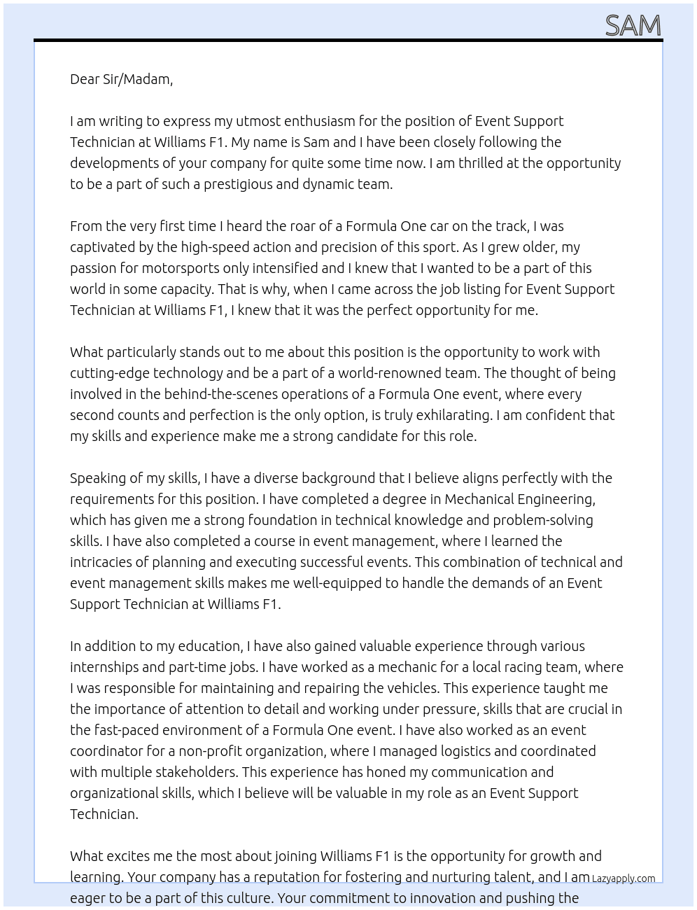 Event support technician At Williams F1 Cover Letter