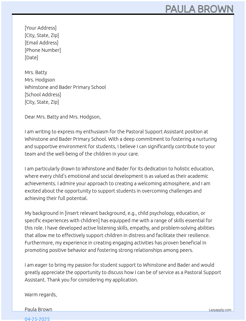 Pastoral Support Assistant At Whinstone and Bader Primary School Cover Letter