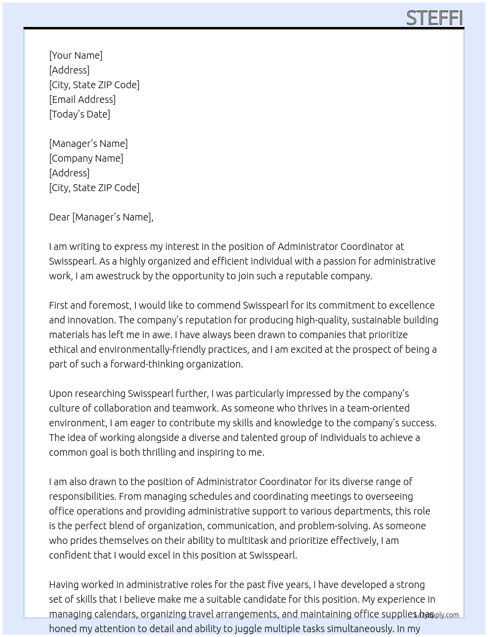 adminstrator coordinator At swisspearl Cover Letter