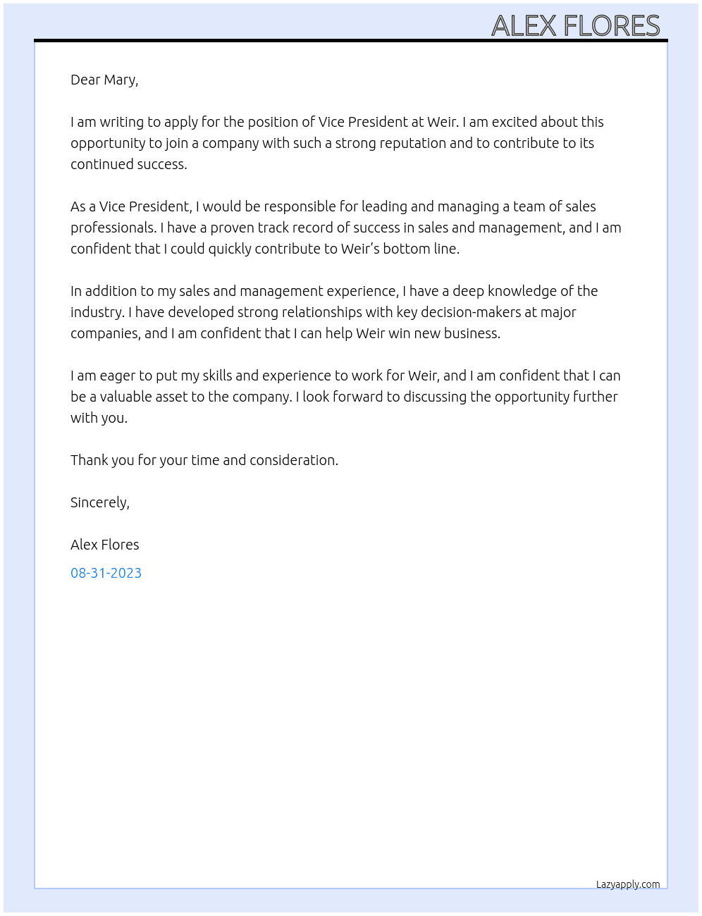 Vice President  At Weir Cover Letter