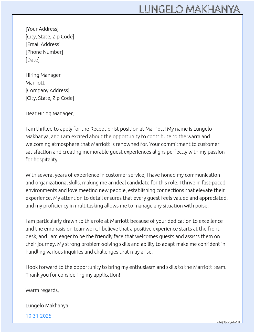 Receptionist  At Marriott Cover Letter