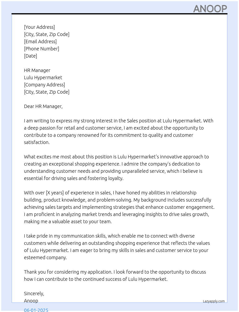 SALES At LULU HYPER MARKET Cover Letter