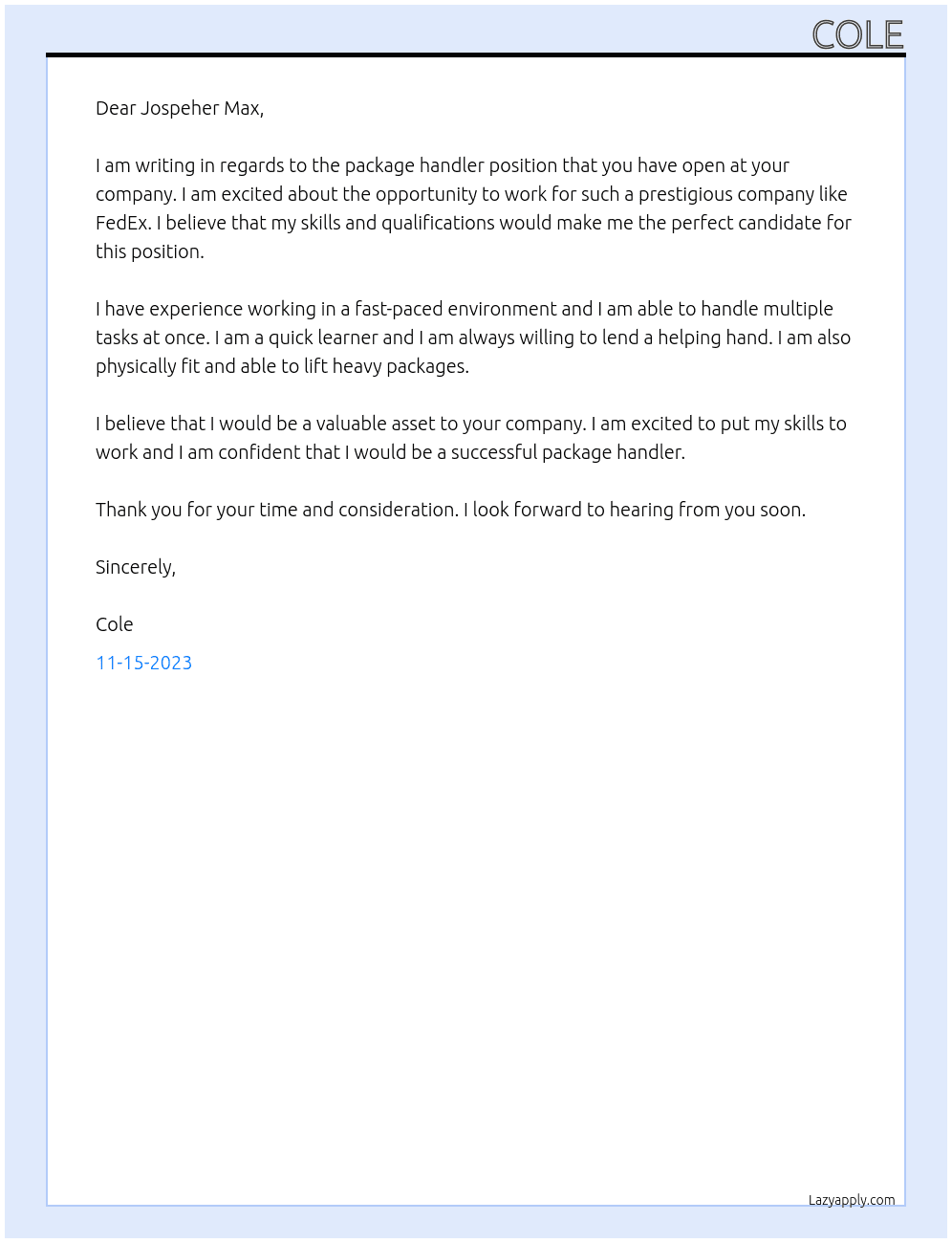 package handler At fedex Cover Letter