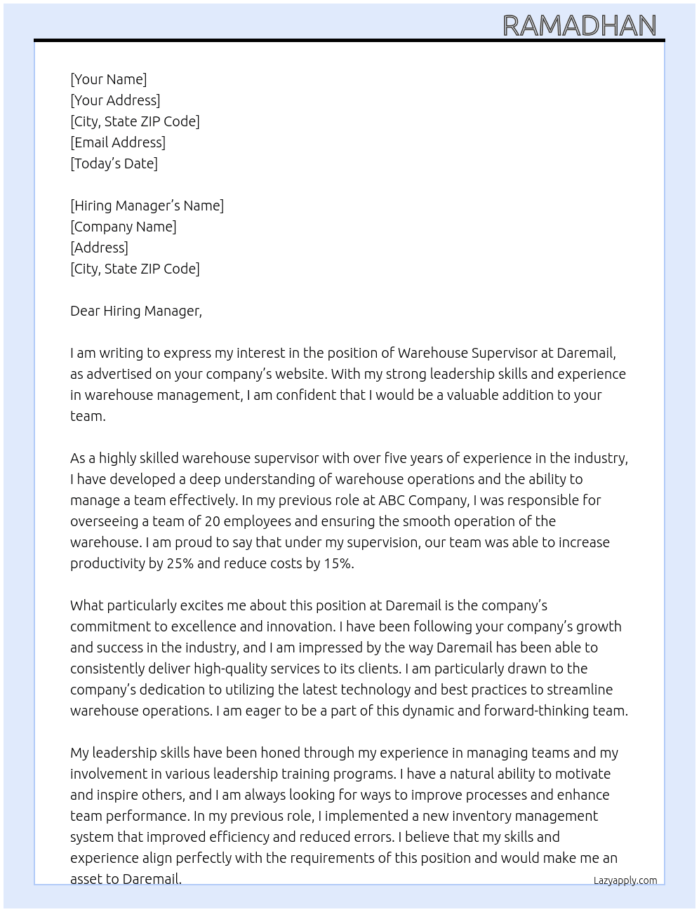 Warehouse supervisor  At Daremail  Cover Letter