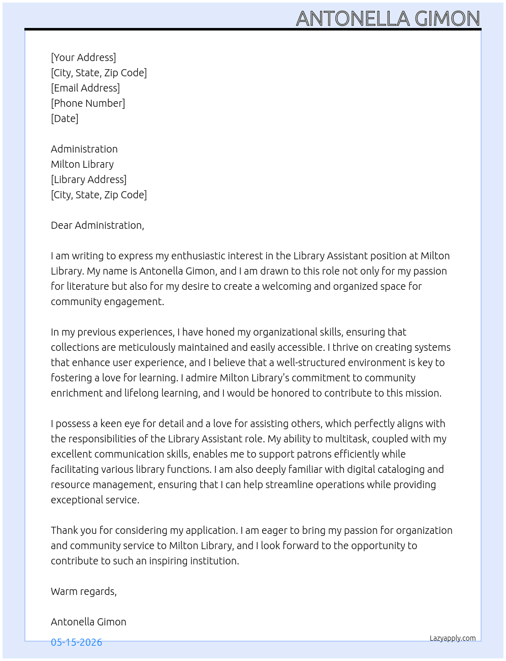 Cover letter for library assistant - LazyApply