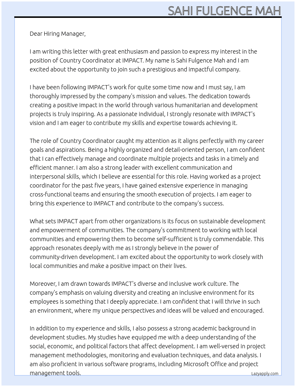 Country Coordinator At IMPACT Cover Letter