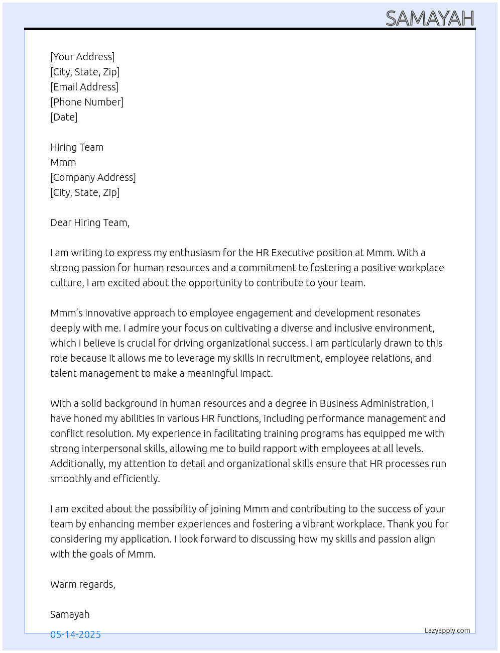 Hr executive  At Mmm Cover Letter
