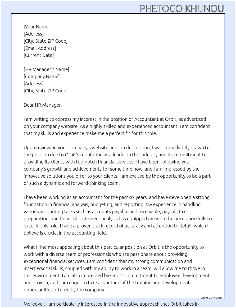 ACCOUNTANT At ORBIT Cover Letter