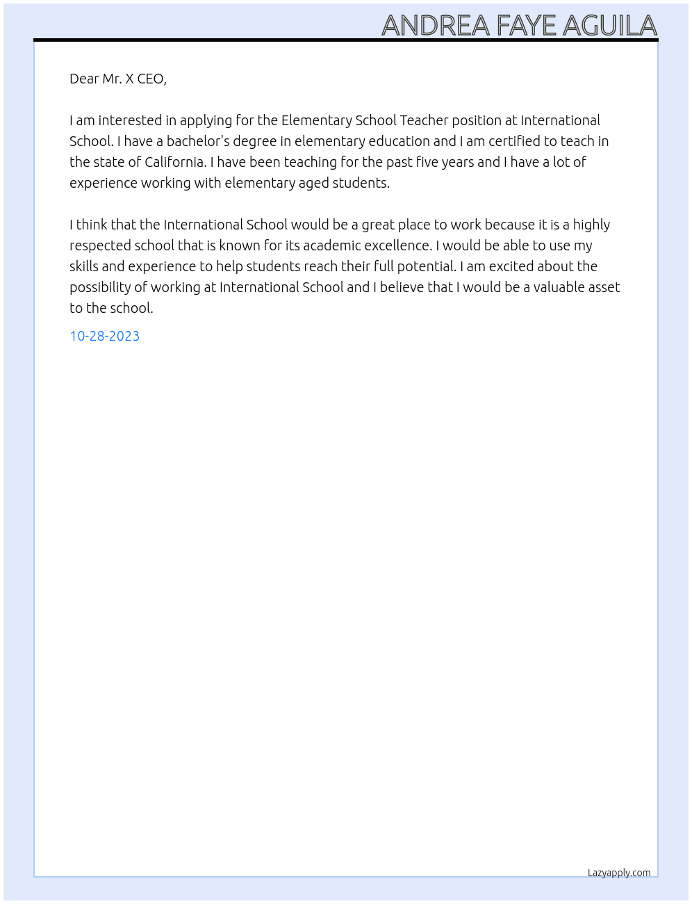 Elementary School Teacher At International School Cover Letter