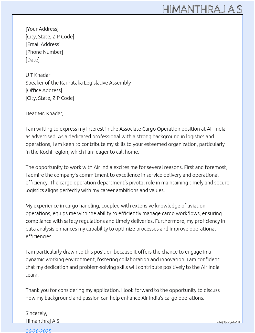 Cover letter for associate cargo operation - LazyApply