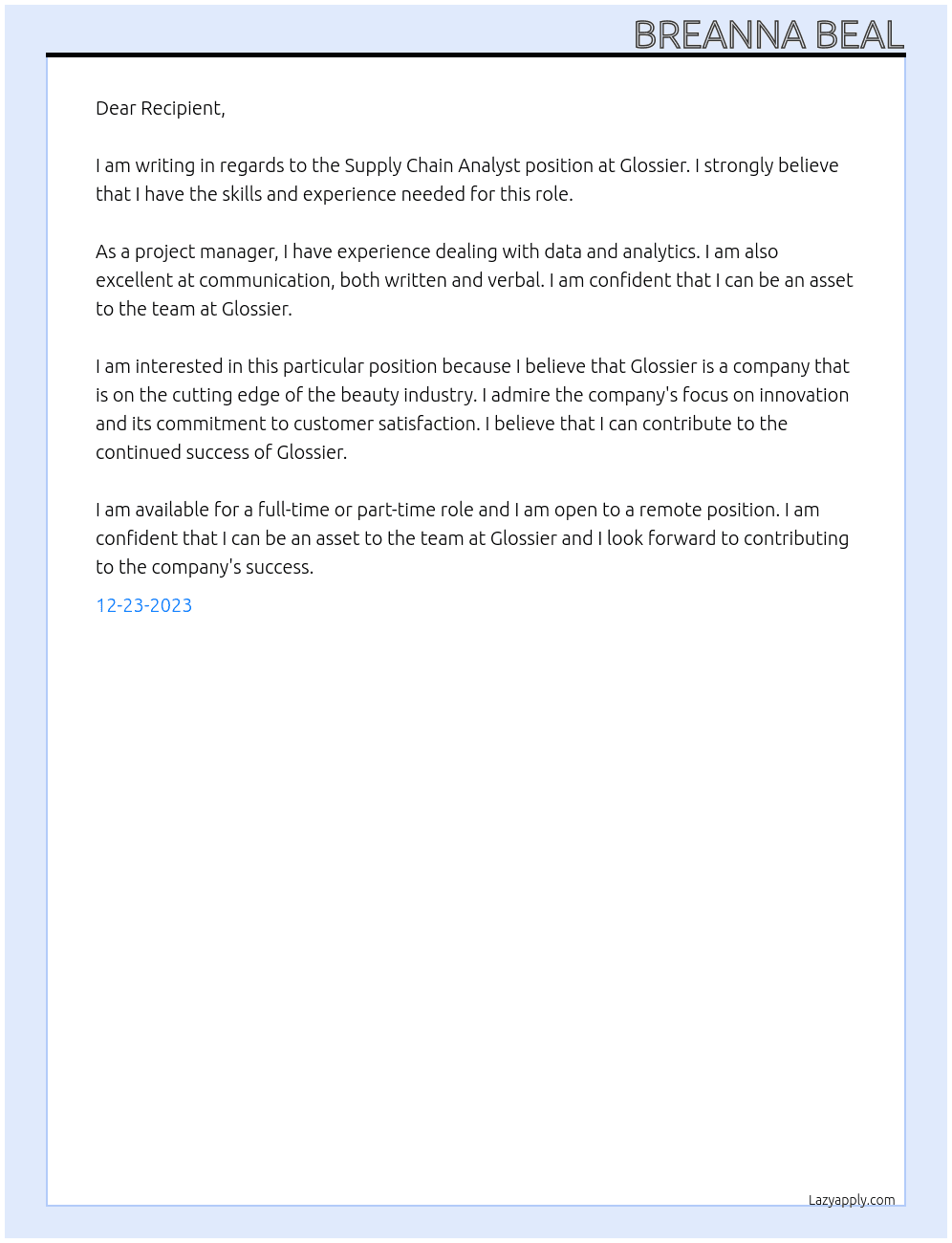 Supply Chain Analyst At Glossier Cover Letter