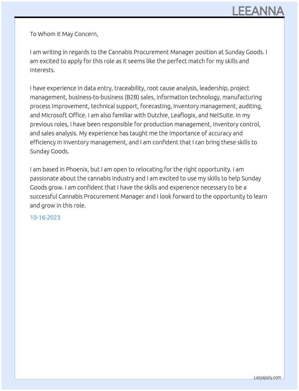 Cannabis Procurement Manager At Sunday Goods Cover Letter