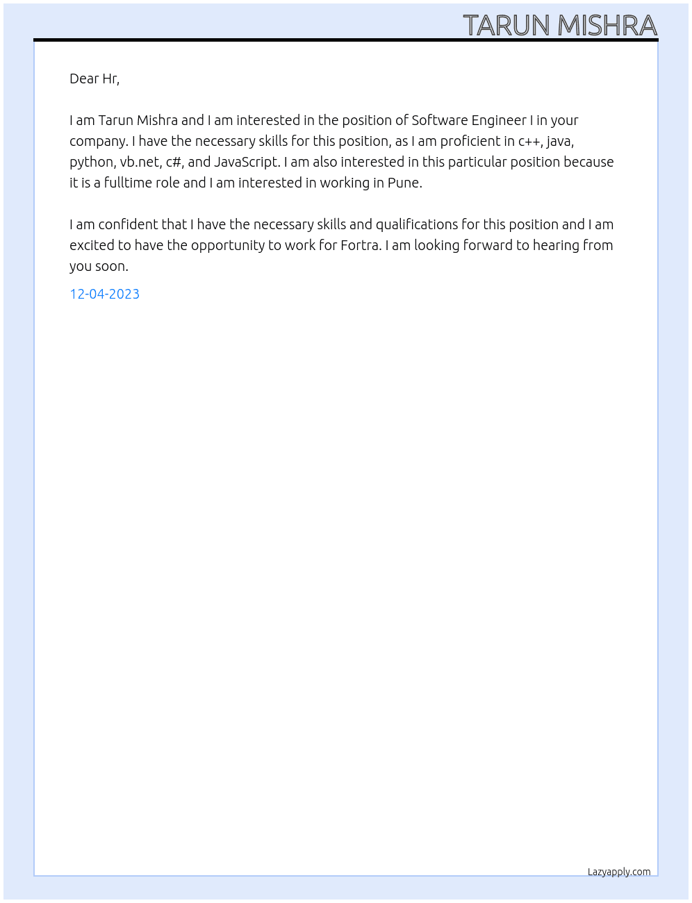 Software Engineer I At Fortra Cover Letter