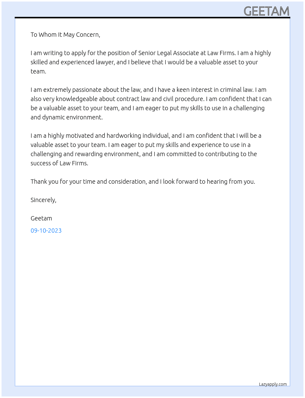 Senior Legal associate At Law firms Cover Letter