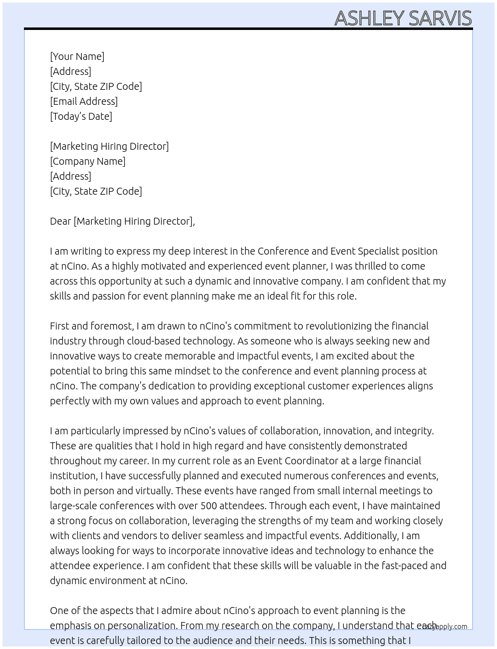 Conference and Event Specialist At nCino Cover Letter