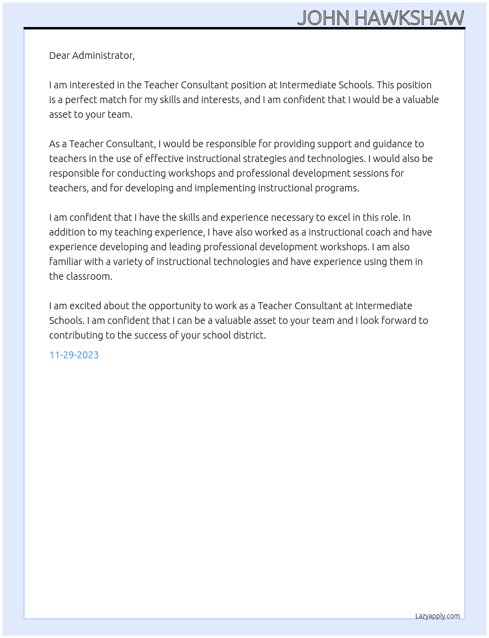 Teacher consultant  At Intermediate schools Cover Letter