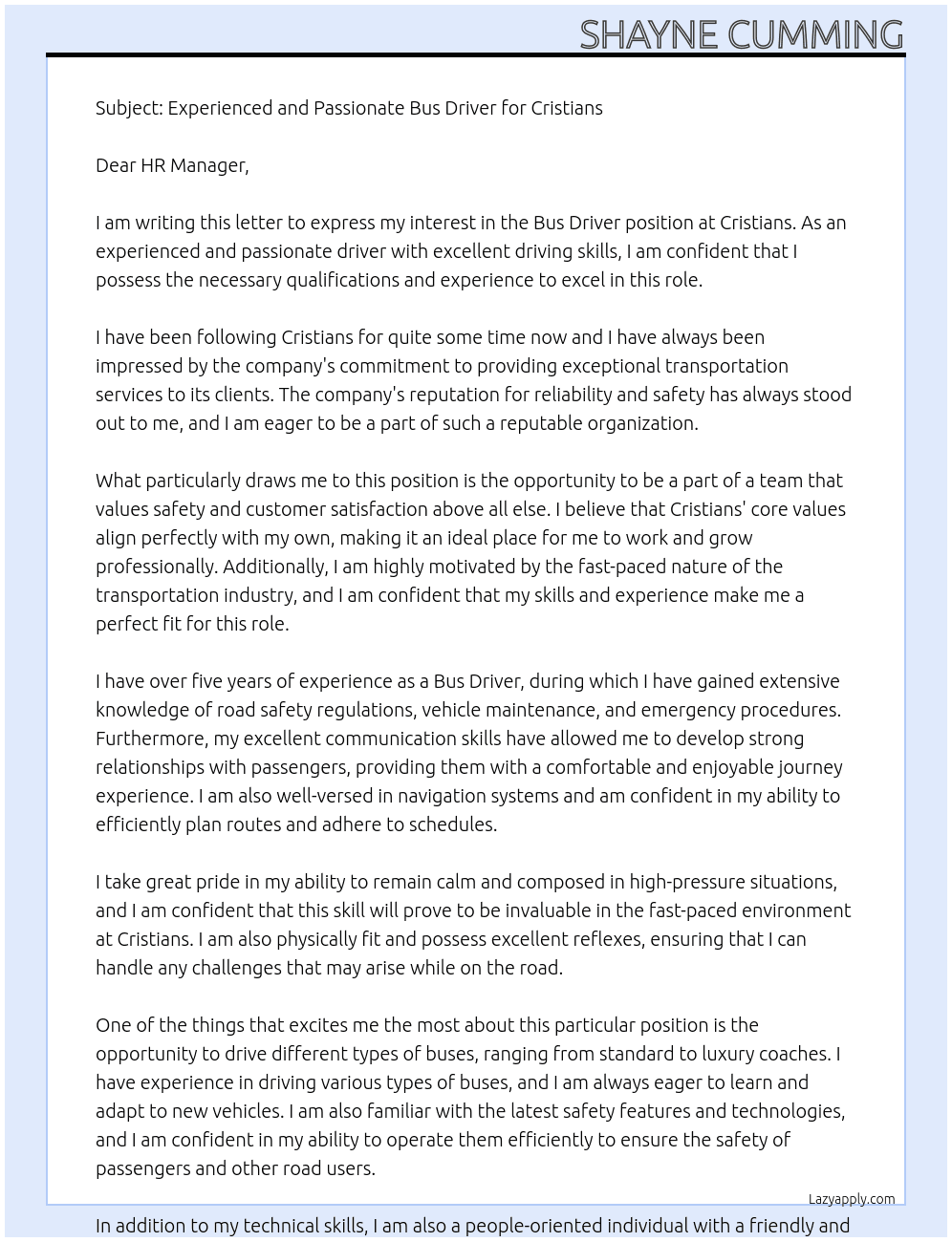 Bus Driver At Cristians Cover Letter