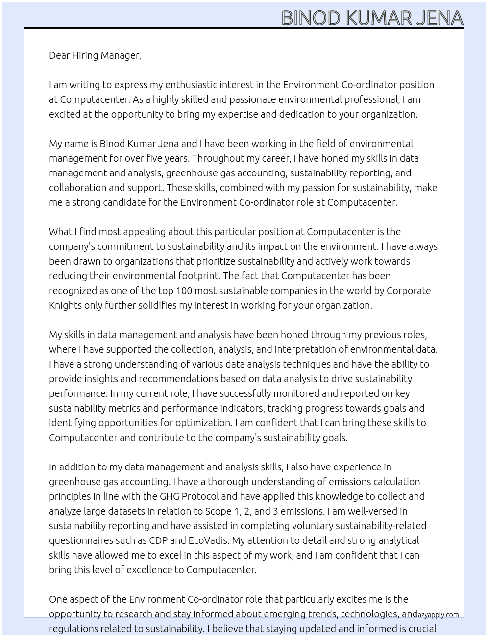 Environment Co-ordinator At Computacenter Cover Letter